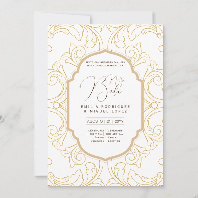 Invitation Espanol Invitación Boda Elegant Blanc Or Ornate (Devant)