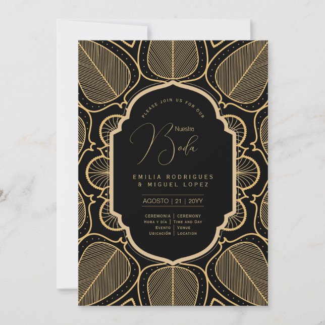 Invitation Espanol Invitación Boda Elegant Mariage d'or noir (Devant)