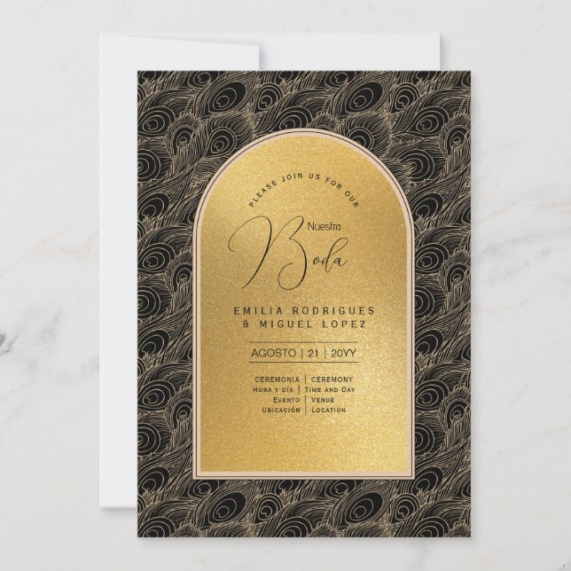 Invitation Espanol Invitación Boda Elegant Mariage d'or noir (Devant)