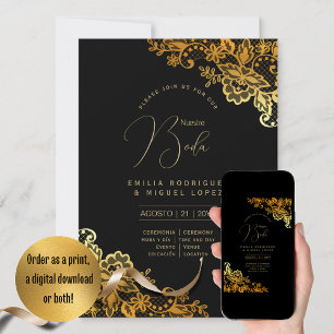 Invitation Espanol Invitación Boda Elegant Mariage d'or noir