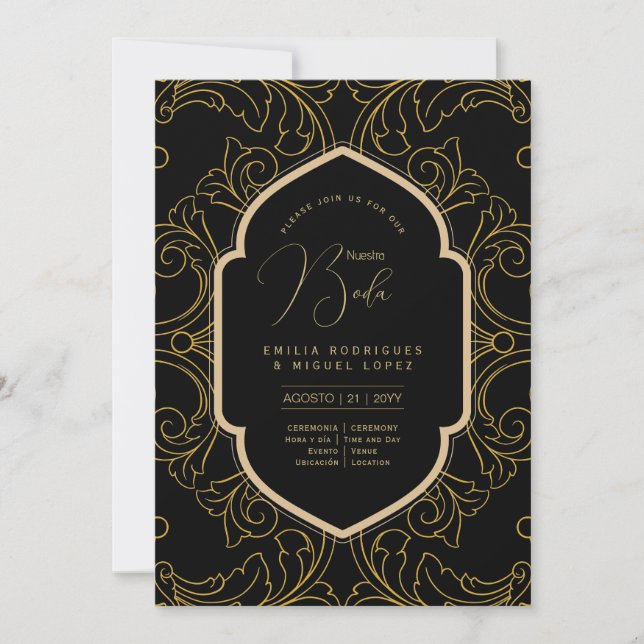 Invitation Espanol Invitación Boda Elegant Mariage d'or noir (Devant)