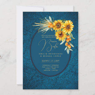 Invitation Espanol Invitación Boda Fleurs de soleil bleu rust