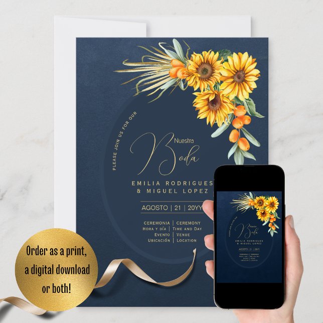 Invitation Espanol Invitación Boda Rustic Blue Sunflowers (Créateur téléchargé)