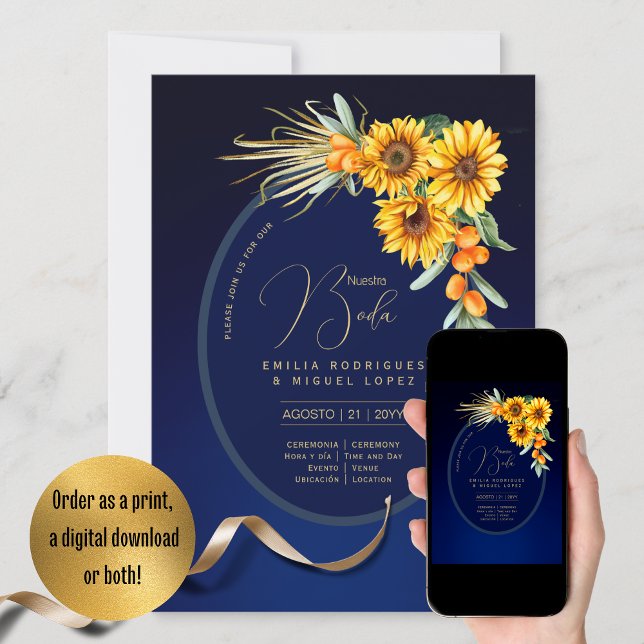 Invitation Espanol Invitación Boda Rustic Blue Sunflowers Inv (Créateur téléchargé)