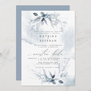 Invitation Español Mariage Rustique Dusty Blue Foliage
