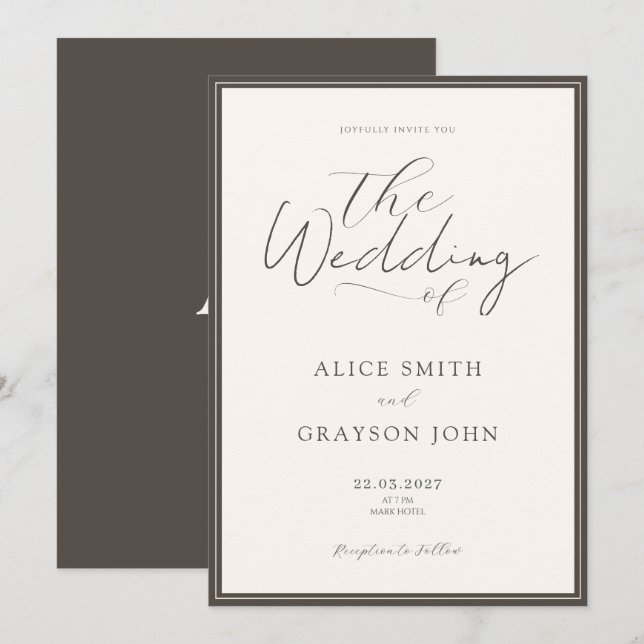 Invitation Espresso Beige Script Classic Minimalist Wedding  (Devant / Derrière)