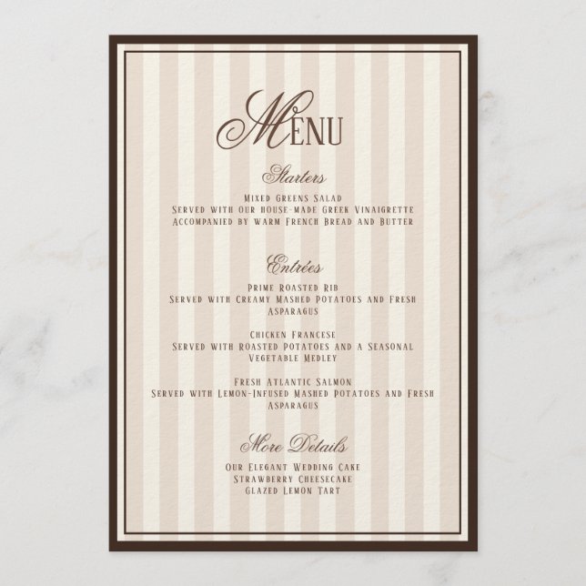 Invitation Espresso Cappuccino Striped Wedding Menu  Card (Devant)