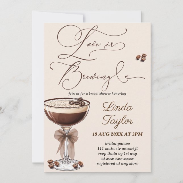 Invitation Espresso Martini Love Is Brewing Fête de Mariage  (Devant)