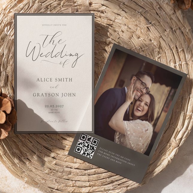 Invitation Espresso Photo Back QR Classic Minimalist Wedding  (Créateur téléchargé)