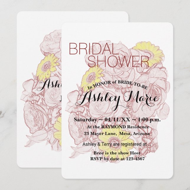 Invitation Esquisse de bouquet en terre cuite pour douche de  (Devant / Derrière)