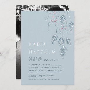 Invitation Esquisse simple herbe et baies photo bleu poussiér