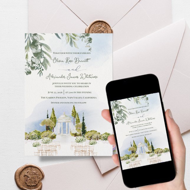 Invitation Estate Garden Pavilion Outdoor Ceremony Wedding (Estate Garden Pavilion Wedding Invitation | Watercolor Outdoor Ceremony Venue Invite)