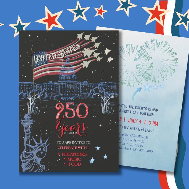 Invitation États-Unis 250 Ans de Liberté Statue de la Liberté (US 250 Years of Freedom Statue of Liberty Jet Flag Invitation)