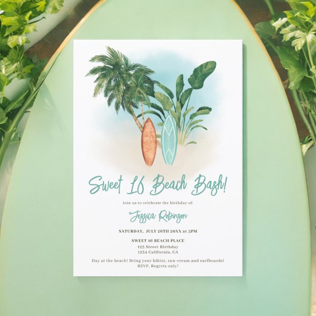Invitation Été Amusement Tropical Surf Sweet 16 Beach Bash (Summer Fun Tropical Surf Sweet 16 Beach Bash Invitation)