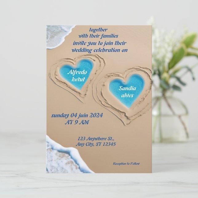 Invitation été aquarelle plage océan bleu mariage (Debout devant)