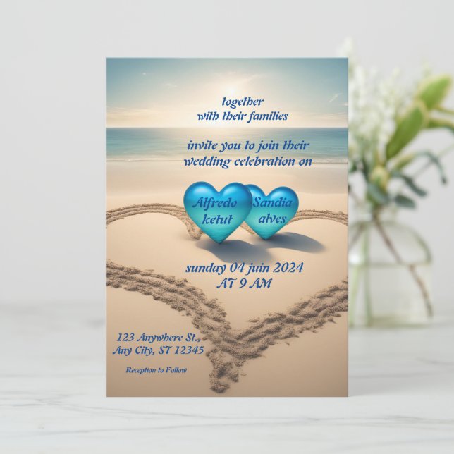 Invitation été aquarelle plage océan bleu mariage (Debout devant)