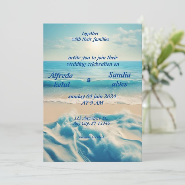 Invitation été aquarelle plage océan bleu mariage (Debout devant)