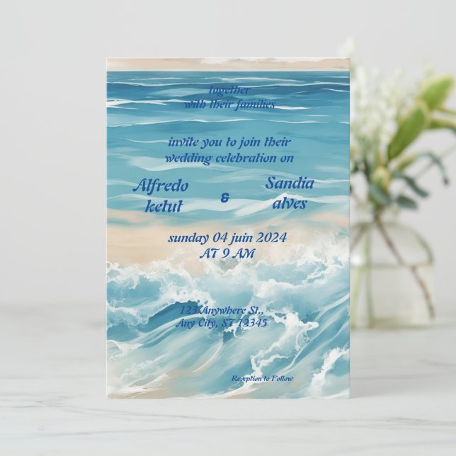 Invitation été aquarelle plage océan bleu mariage (Debout devant)