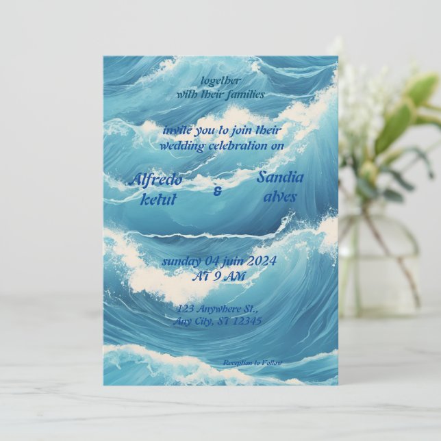 Invitation été aquarelle plage océan bleu mariage (Debout devant)