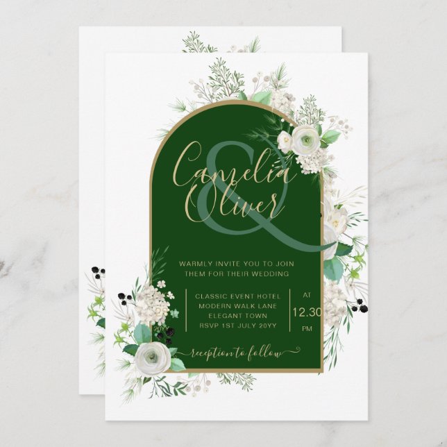 Invitation Été Blanc Roses Emerald Green Arch Mariage Inv (Devant / Derrière)