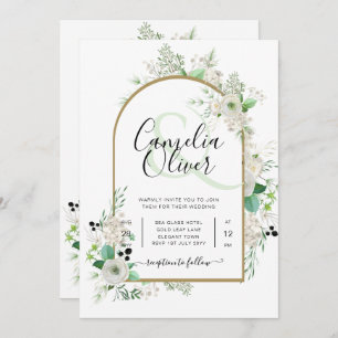 Invitation Été Blanc Roses Emeraude Mariage