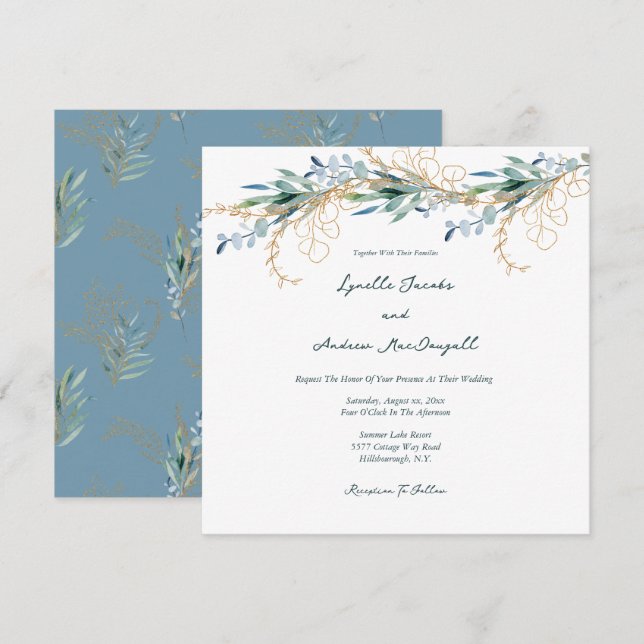 Invitation Eté Bleu Vert Aquarelle Mariage Floral (Devant / Derrière)