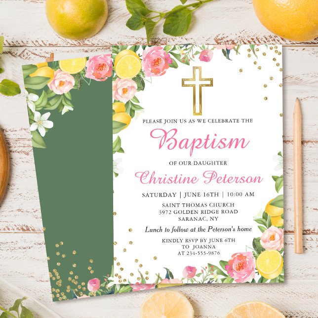 Invitation Été Citron vert Vert rose Floral Girl Baptême (Créateur téléchargé)