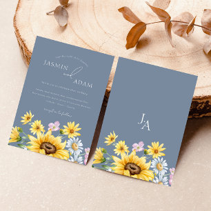 Invitation Été Dusty Blue Sunflowers Monogram Mariage