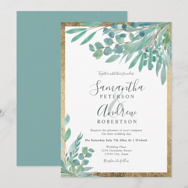 Invitation Été Eucalyptus floral aquarelle or mariage (Devant / Derrière)