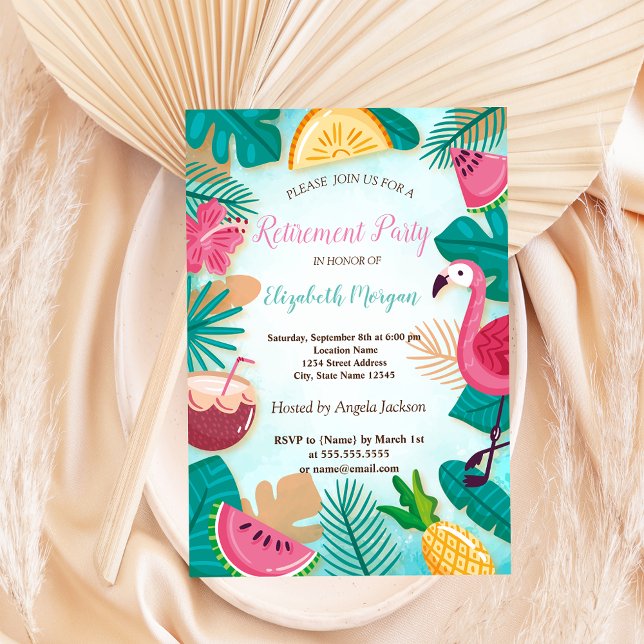 Invitation Été, feuille de palmier, flamant rose, fruits Fête (Créateur téléchargé)
