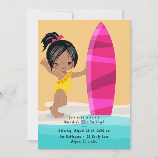 Invitation Été Fille Noire Fête d'anniversaire sur la plage (Devant)