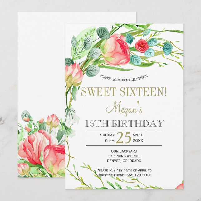 Invitation Été fleuri élégant jardin rose sweet sixteen (Devant / Derrière)
