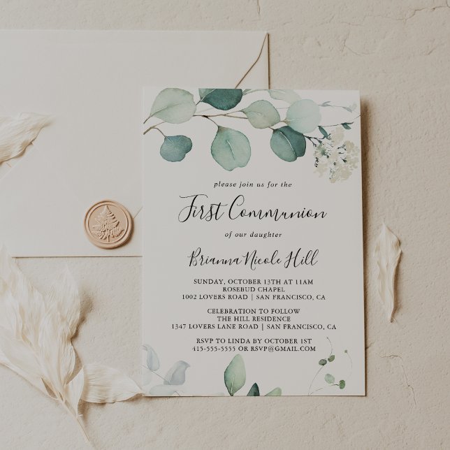 Invitation Été Green Eucalyptus Foliage Première communion (Créateur téléchargé)