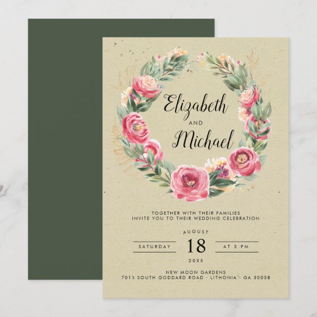 Invitation Été indien | Mariage Aquarelle Pink Peonies (Devant / Derrière)