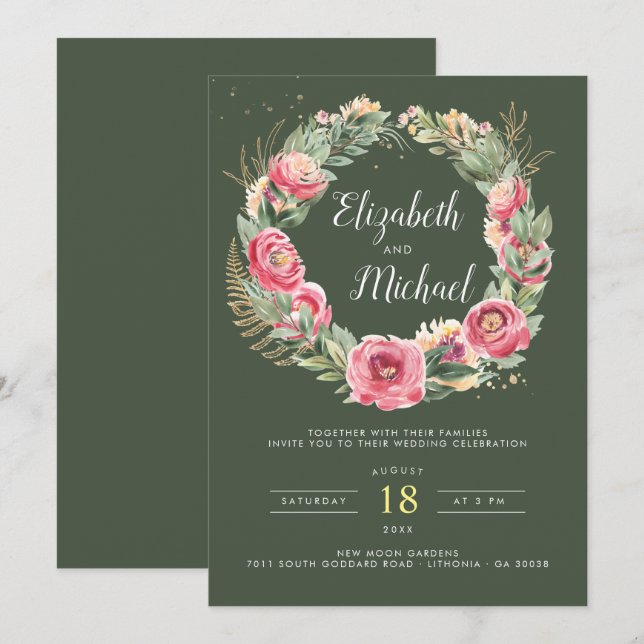 Invitation Été indien | Mariage Aquarelle Pink Peonies (Devant / Derrière)