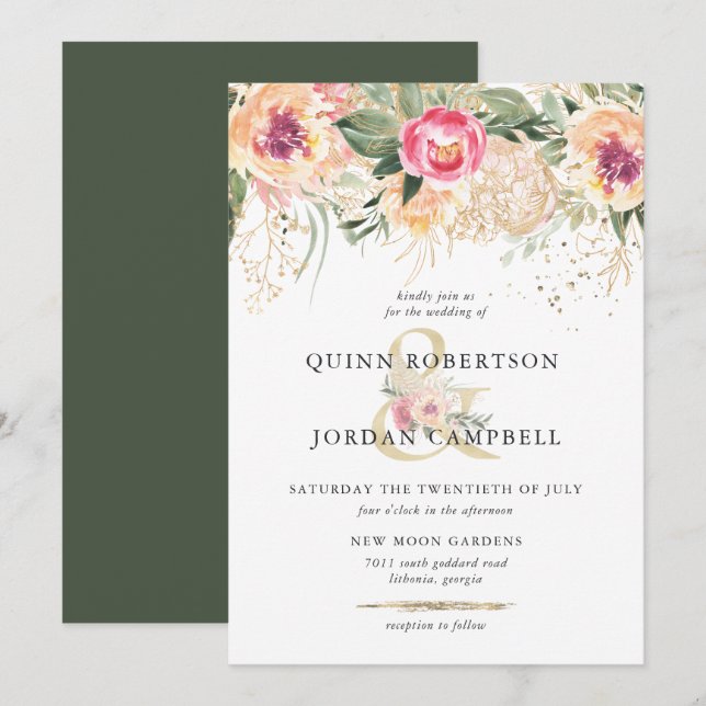 Invitation Été indien | Mariage aux pivoines roses à l'aquare (Devant / Derrière)