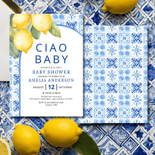Invitation Été Italien Carreaux Bleus Baby shower citron