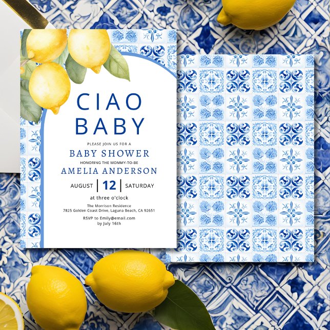 Invitation Été Italien Carreaux Bleus Baby shower citron (Créateur téléchargé)
