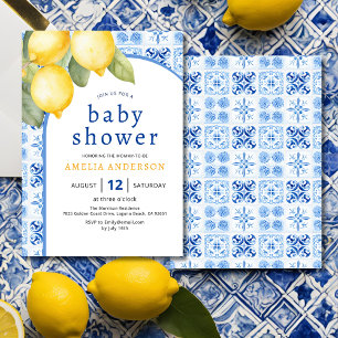 Invitation Été Italien Carreaux Bleus Baby shower citron