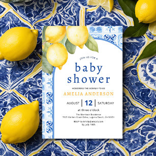 Invitation Été Italien Carreaux Bleus Baby shower citron