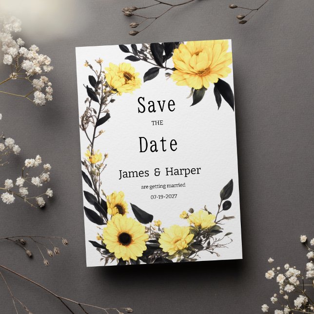 Invitation Été jaune gris foncé marguerite floral Enregistrer (Summer yellow dark gray daisy floral Save the Date)
