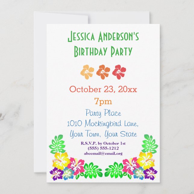 Invitation Eté Luau Hibiscus Hawaiian Tropical Birthday (Devant)