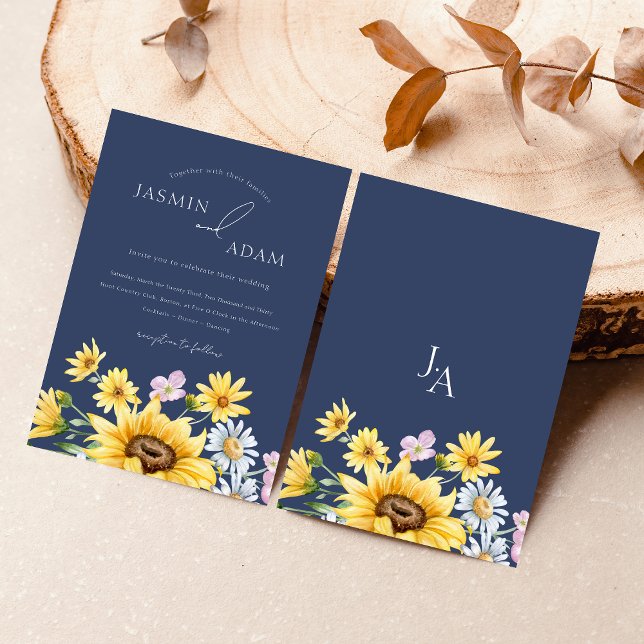 Invitation Été Marine Bleu tournesol Monogramme Mariage (Summer Navy Blue Sunflowers Monogram Wedding Invitation)