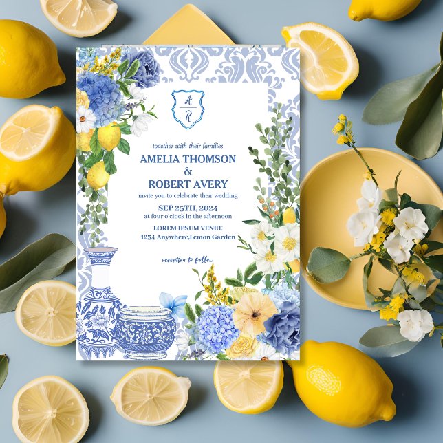 Invitation Eté Méditerranée Bleu Mariage citron (Créateur téléchargé)