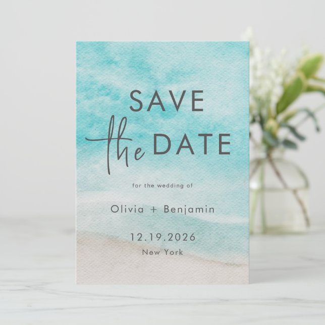 Invitation Eté Moderne Ocean Beach Mariage Économisez La Date (Debout devant)