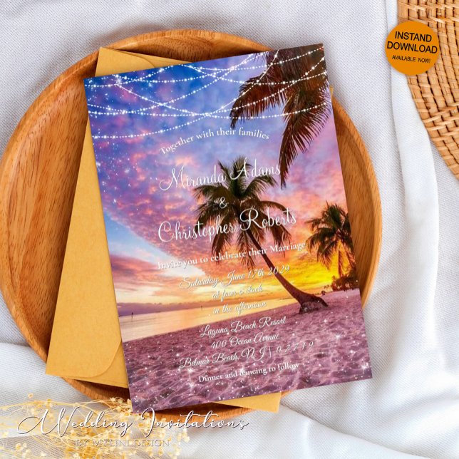 Invitation Eté moderne Sunset String Lights Beach Wedding (Créateur téléchargé)