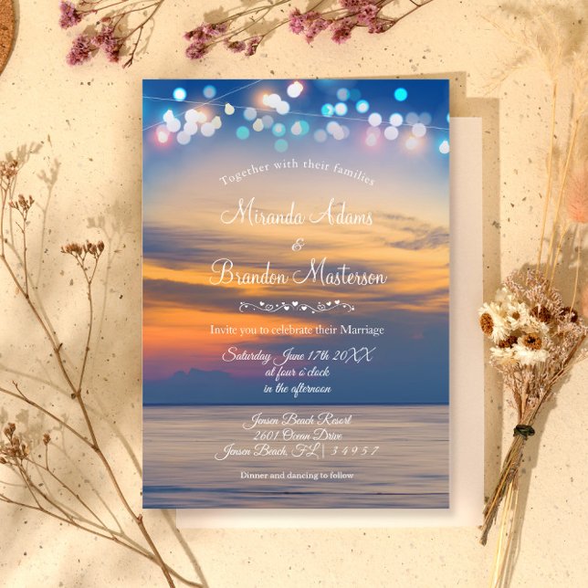 Invitation Eté moderne Sunset String Lights Beach Wedding (Créateur téléchargé)