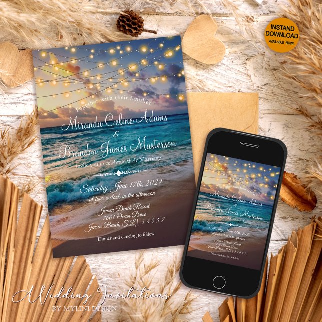 Invitation Eté moderne Sunset String Lights Beach Wedding (Créateur téléchargé)