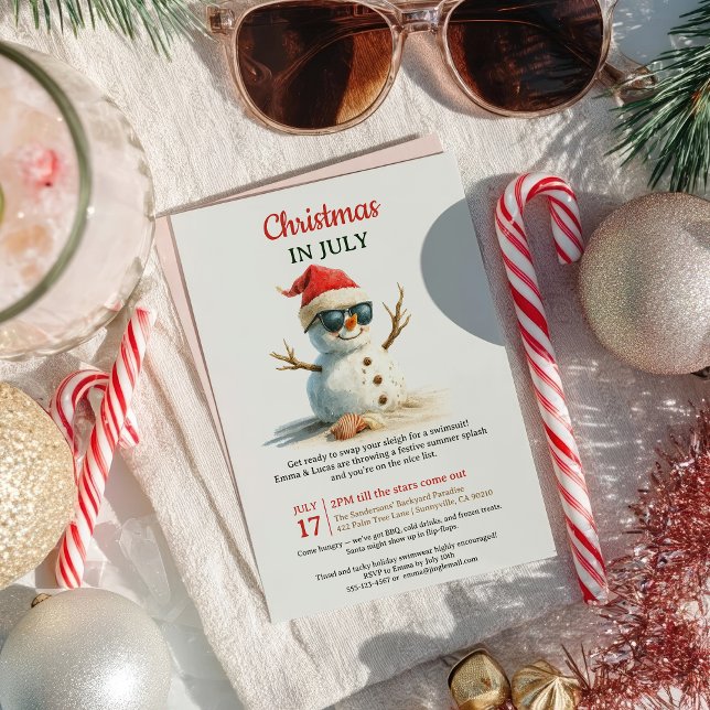 Invitation Été Noël drôle en juillet Lunettes de soleil Snowm (Summer Funny Christmas in July Snowman Sunglasses Invitation)