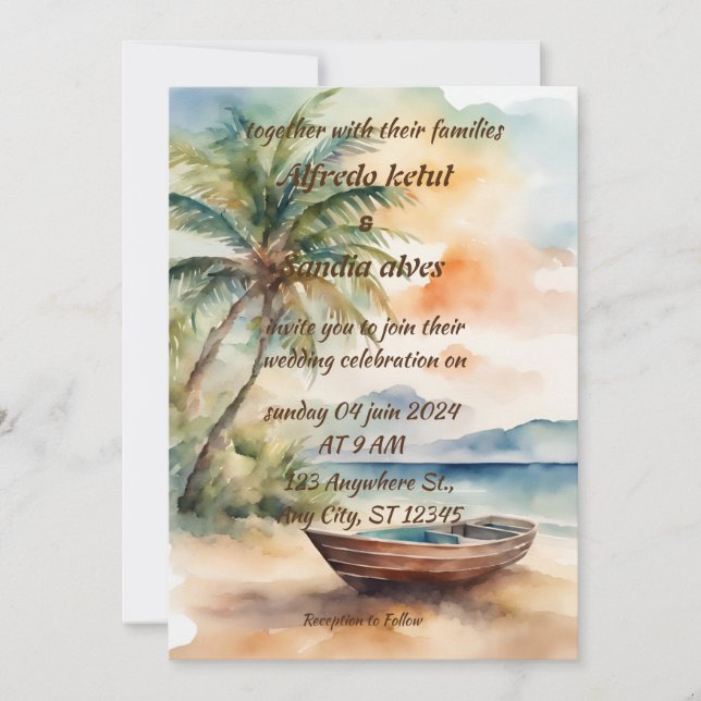 Invitation été plage palmier tropical aquarelle mariage (Devant)